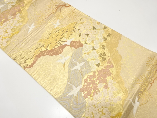 JAPANESE KIMONO / ANTIQUE FUKURO OBI / SILK / WOVEN MICHINAGADORI & CRANES & PINE & KIKU & UME